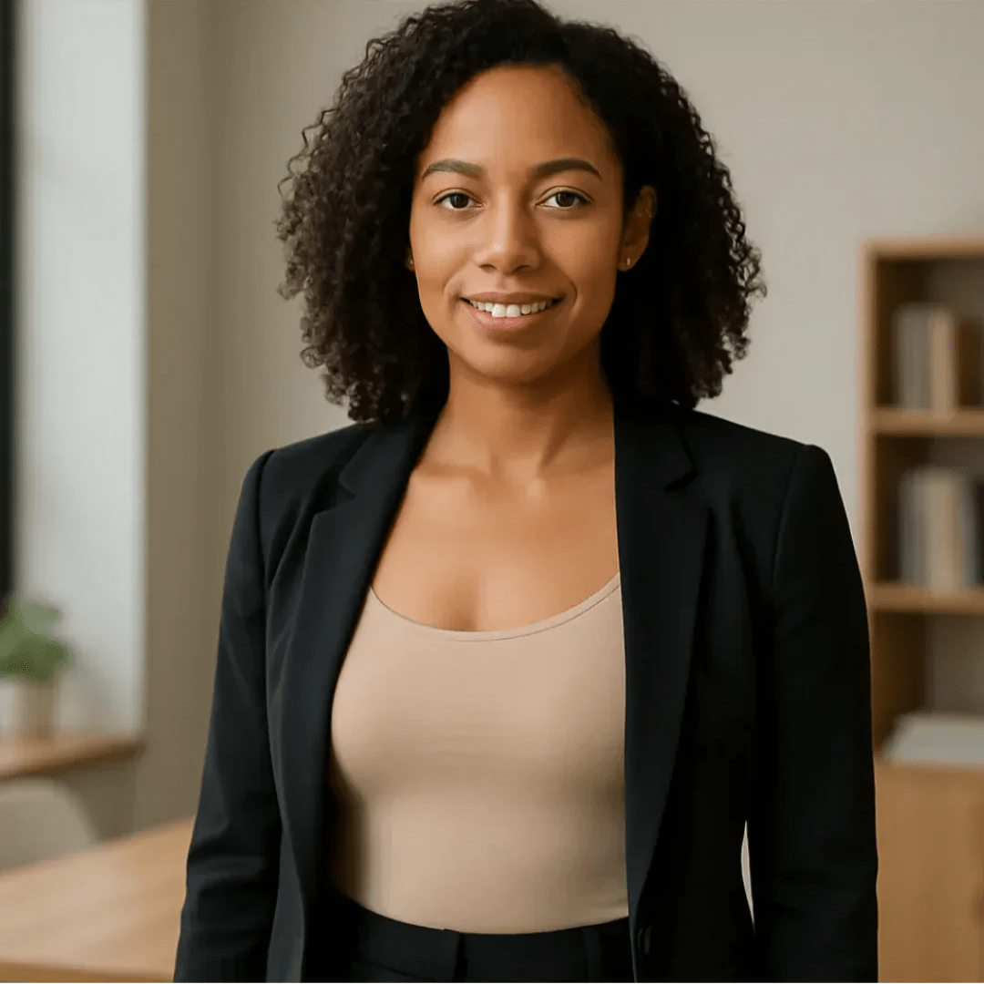 Professional portrait of a woman wearing a beige bodysuit under a black blazer in an office setting.